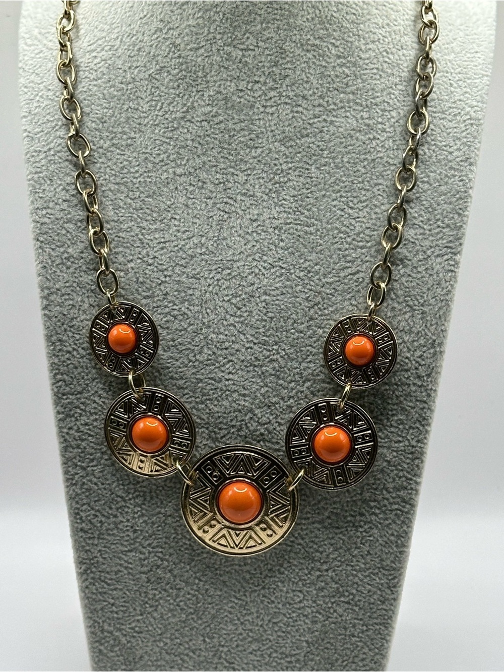 Vintage Gold Tone Orange Cabochon Geometric Etched Medallion Collar Necklace - Picture 1 of 6